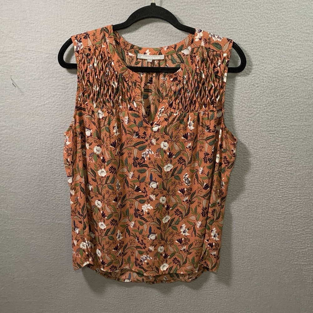 Daniel Rainn Women's Rust Floral Smocked V Neck Sleeveless Blouse Top Large
